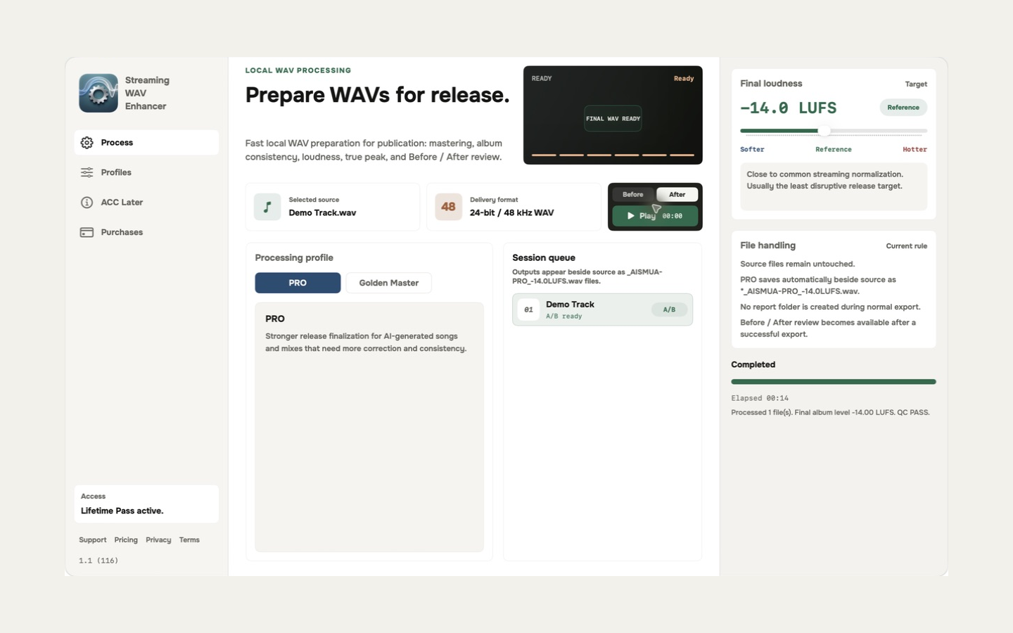 The app after a completed WAV export, with Before and After playback controls and its quality-check result